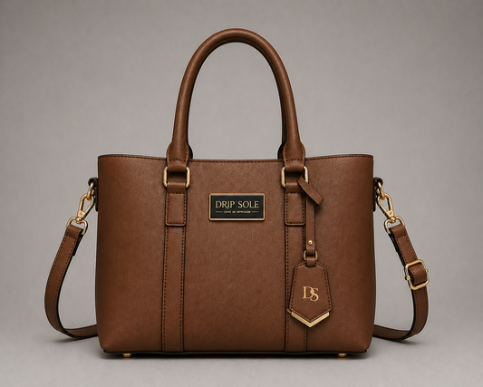 Brown handbag with gold accents on a gray background