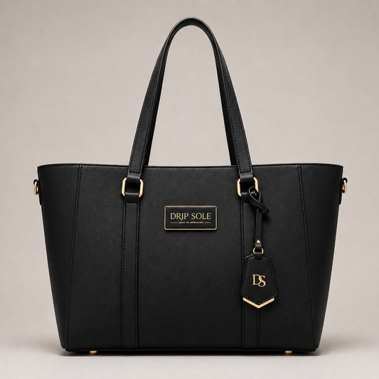 Black handbag with gold accents on a beige background
