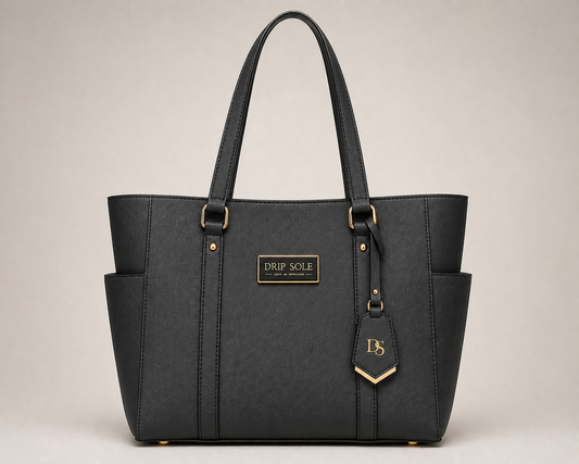 Black handbag with gold accents on a beige background
